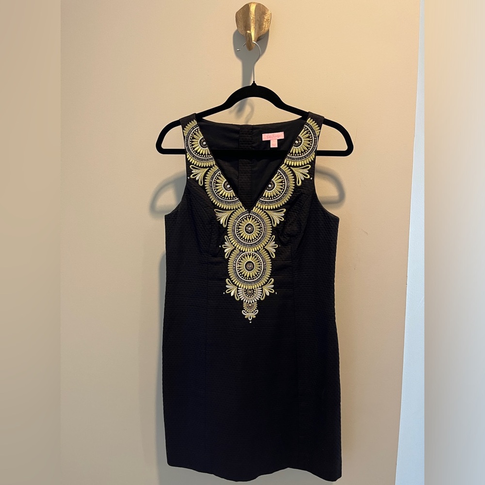 Lilly Pulitzer mini dress, black with gold and silver embroidery, size 6